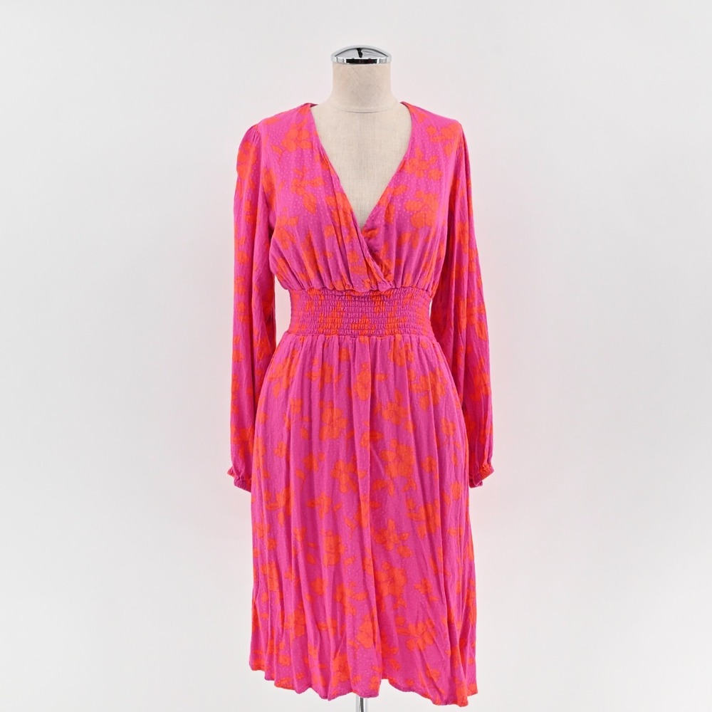 DRAPER JAMES Dress Size S Pink Orange‎ Floral Smocked V Neck Balloon Long Sleeve